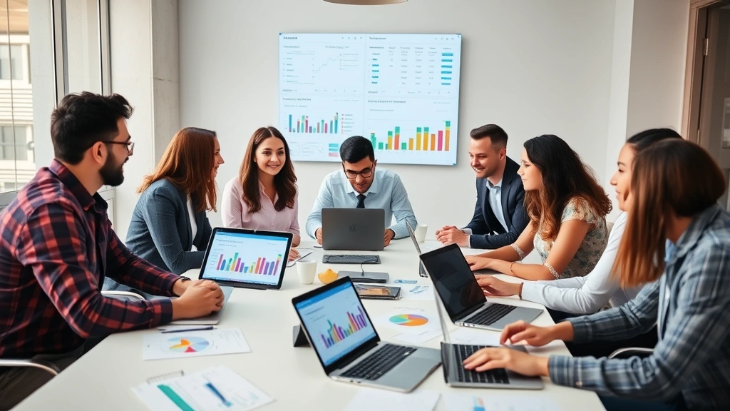 Diverse team collaborating around conference table with laptops and tablets, analyzing colorful business dashboards and analytics reports, natural conversation, modern office setting, collaborative energy