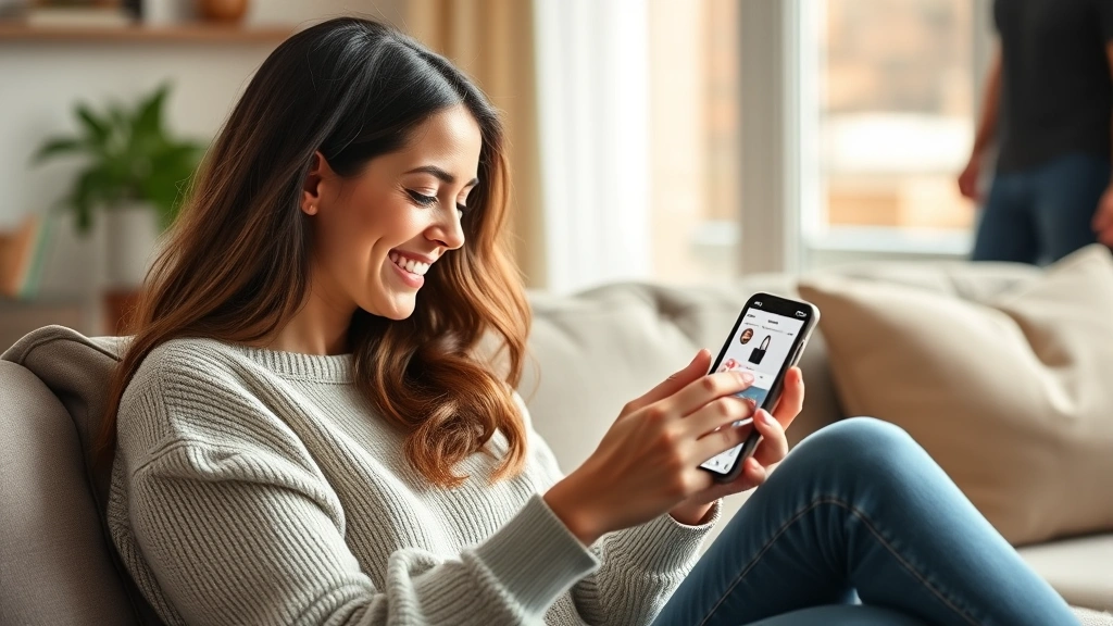 Customer using mobile phone to shop on social media platform, sitting in comfortable home environment, smiling while viewing product recommendations, natural lighting, relaxed atmosphere, contemporary consumer behavior