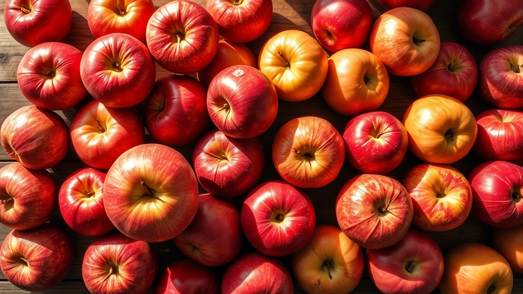 Overhead view of assorted fresh red apples arranged on wooden market display table with soft natural sunlight, professional produce photography style