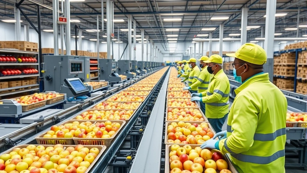 Modern apple sorting facility with conveyor systems and quality control technology, workers in food-safe uniforms monitoring machinery, bright industrial warehouse setting