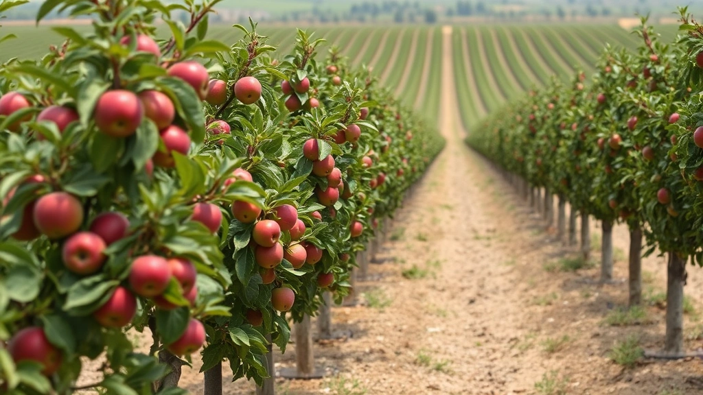 Agricultural field showing mature red apple orchard with trees in full fruit production, rows extending into distance, natural daylight, farming landscape
