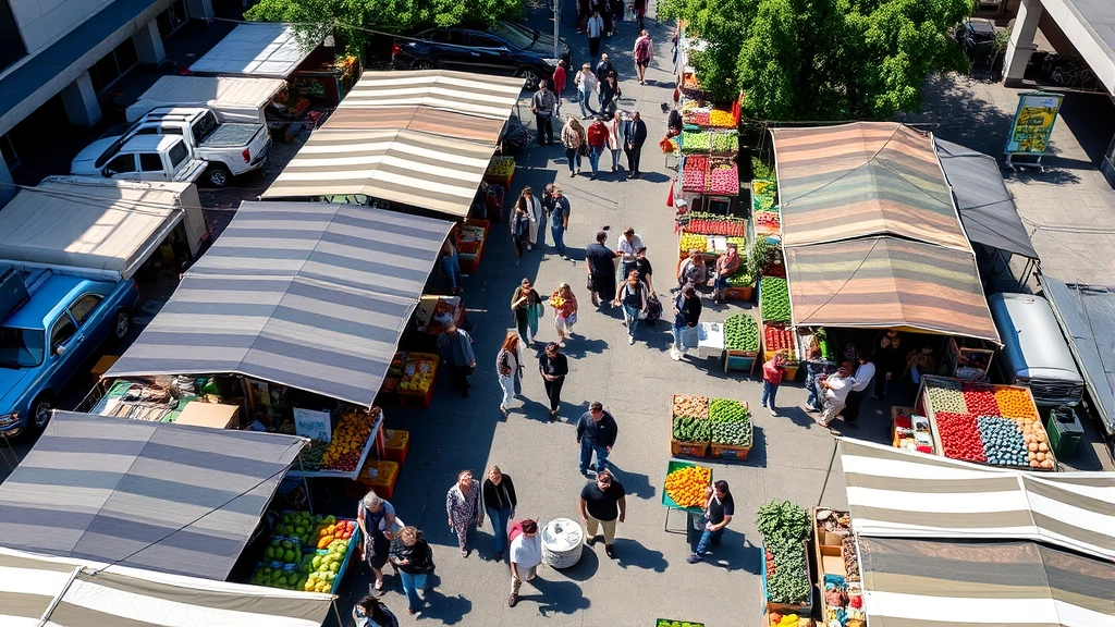 Aerial view of bustling outdoor farmers market with colorful vendor stalls, fresh produce displays, and diverse shoppers walking between booths on sunny day