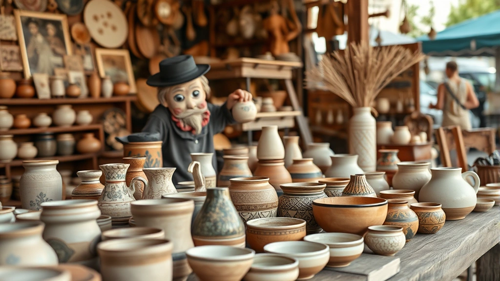 Close-up of artisan vendor arranging handmade pottery, ceramics, and crafted goods on wooden market stall with natural lighting