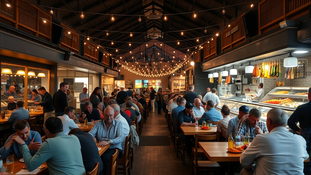 Wide-angle shot of public market dining area with customers seated at communal tables, food vendors in background, festive community atmosphere with string lights overhead