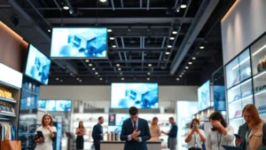 Professional business environment showing seamless integration between digital screens and physical retail space, with customers using tablets and mobile devices while shopping in a modern store