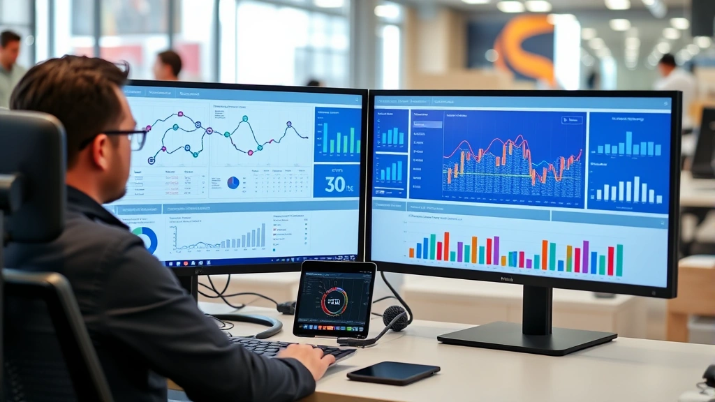 Data analyst reviewing omnichannel analytics dashboard on multiple monitors, displaying customer journey maps and inventory synchronization across online and physical channels