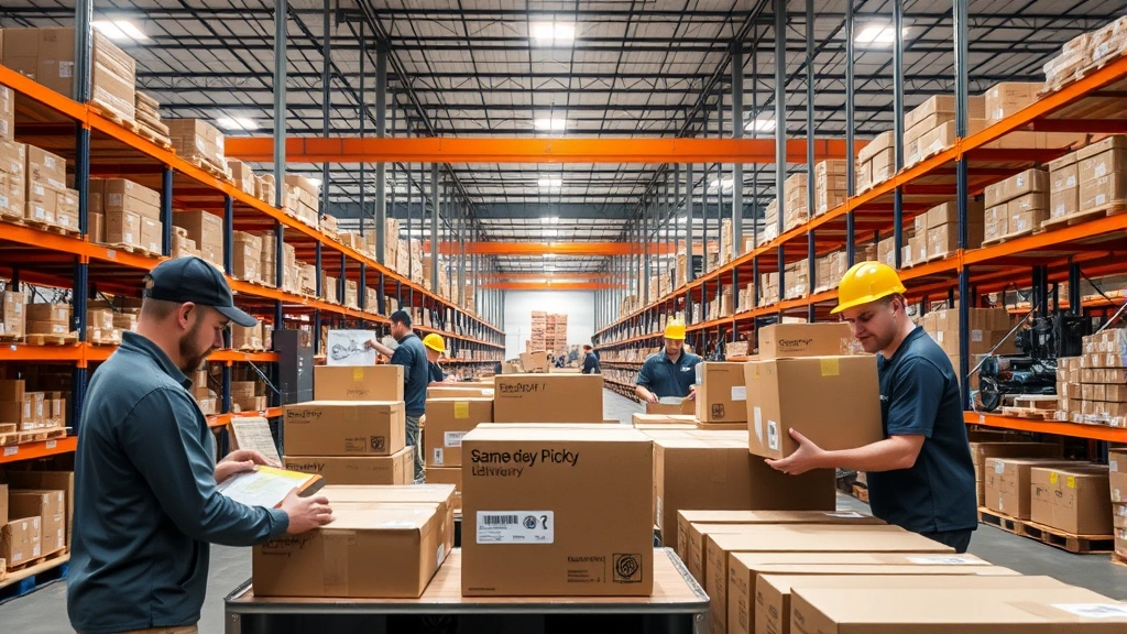 Modern fulfillment center with workers managing packages for same-day delivery and pickup orders, showing coordinated logistics infrastructure supporting multiple sales channels