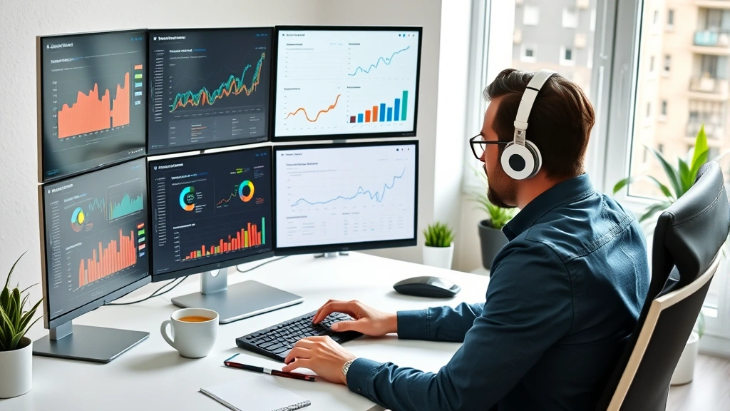 Professional remote marketing specialist working at home office with multiple monitors displaying analytics dashboards, colorful charts, and marketing metrics in modern, well-lit workspace with coffee and notepad