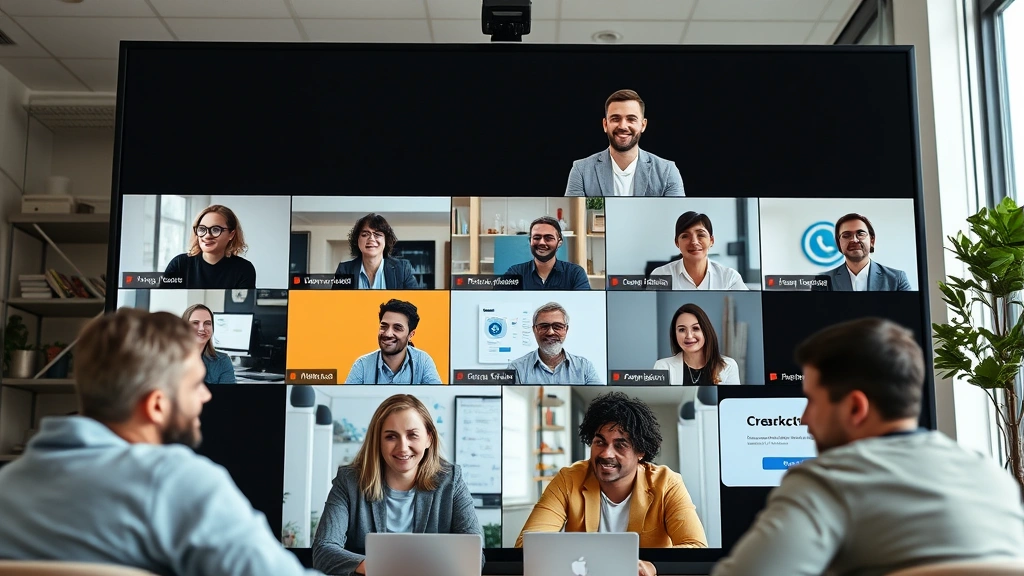 Diverse marketing team collaborating virtually across video conference screen, showing multiple professionals engaged in discussion with digital marketing tools and campaign materials visible in background