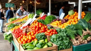 Busy farmer's market stall with colorful fresh produce including tomatoes, lettuce, and root vegetables displayed in wooden crates, customers selecting items, natural lighting