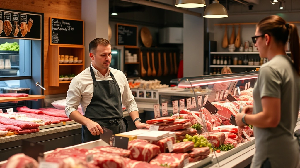 Professional butcher behind counter wearing apron, interacting with customers, displaying various cuts of meat in organized display case, clean modern market interior
