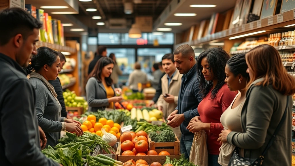 Diverse group of community members shopping in neighborhood grocery store, examining produce and specialty items, warm lighting emphasizing local gathering space atmosphere