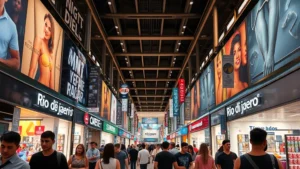 Busy Rio de Janeiro shopping mall interior with diverse shoppers browsing retail stores, modern lighting, crowded during peak hours, photorealistic commerce environment