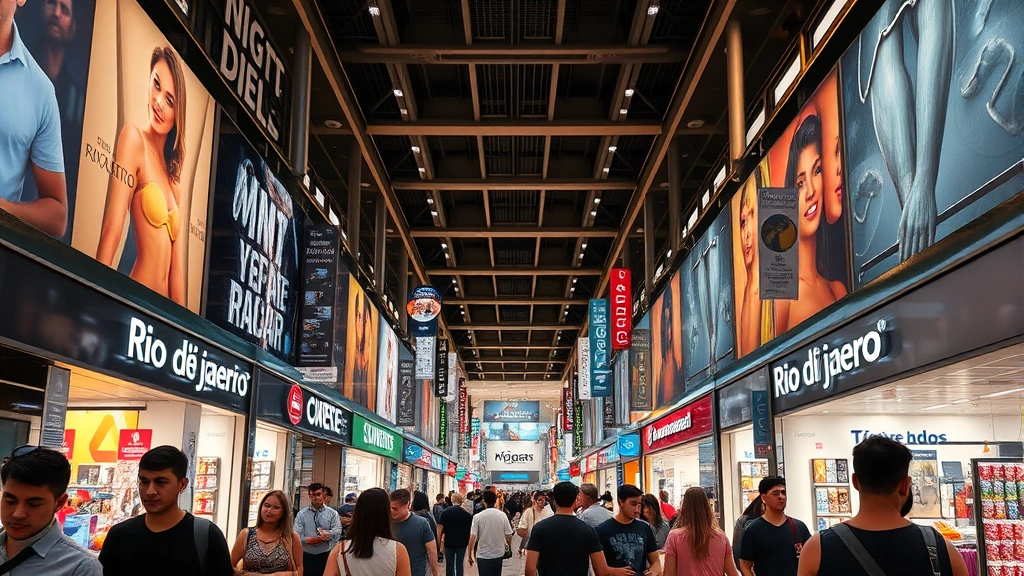 Busy Rio de Janeiro shopping mall interior with diverse shoppers browsing retail stores, modern lighting, crowded during peak hours, photorealistic commerce environment