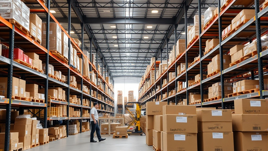 Modern logistics warehouse facility in Rio with workers managing inventory, organized shelving systems, cardboard boxes stacked for e-commerce fulfillment, professional industrial setting