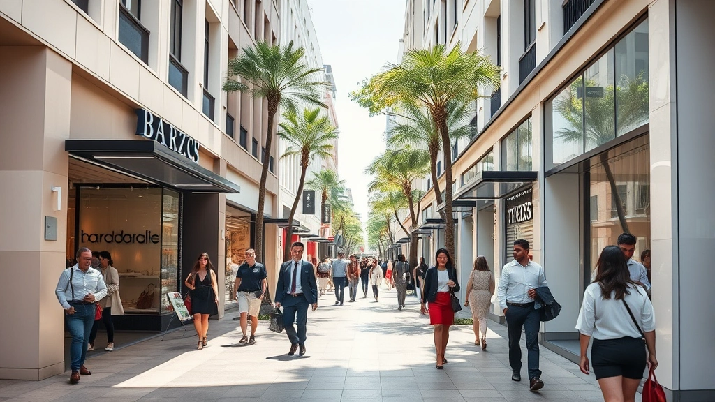 Upscale Barra da Tijuca shopping district with contemporary storefronts, well-dressed pedestrians, natural daylight, affluent neighborhood retail environment, vibrant commercial activity