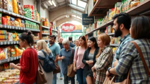 Diverse group of customers shopping in a vibrant neighborhood market, browsing colorful products on shelves, natural lighting, authentic community retail environment, people wearing contemporary casual clothing, multiple generations visible