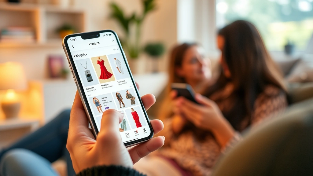 Modern mobile phone displaying e-commerce app with product categories, hands scrolling through inventory, warm lighting, professional product photography visible on screen, diverse consumer using device in home setting
