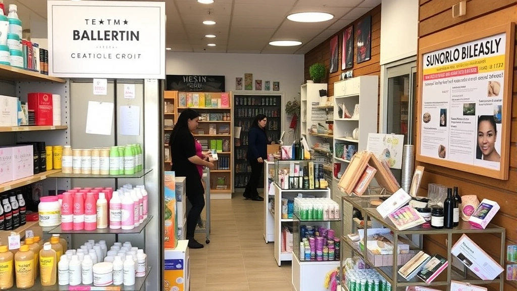 Retail store interior with well-organized product displays, bilingual signage visible, staff assisting customers, diverse merchandise including beauty products and specialty items, warm inviting atmosphere, community bulletin board with local event posters