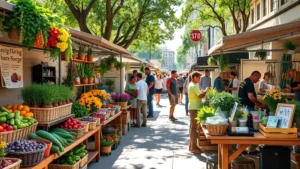 Vibrant outdoor farmers market scene with diverse vendor booths displaying fresh produce, flowers, and artisan goods on wooden tables, customers browsing and interacting with vendors, morning sunlight, urban neighborhood setting