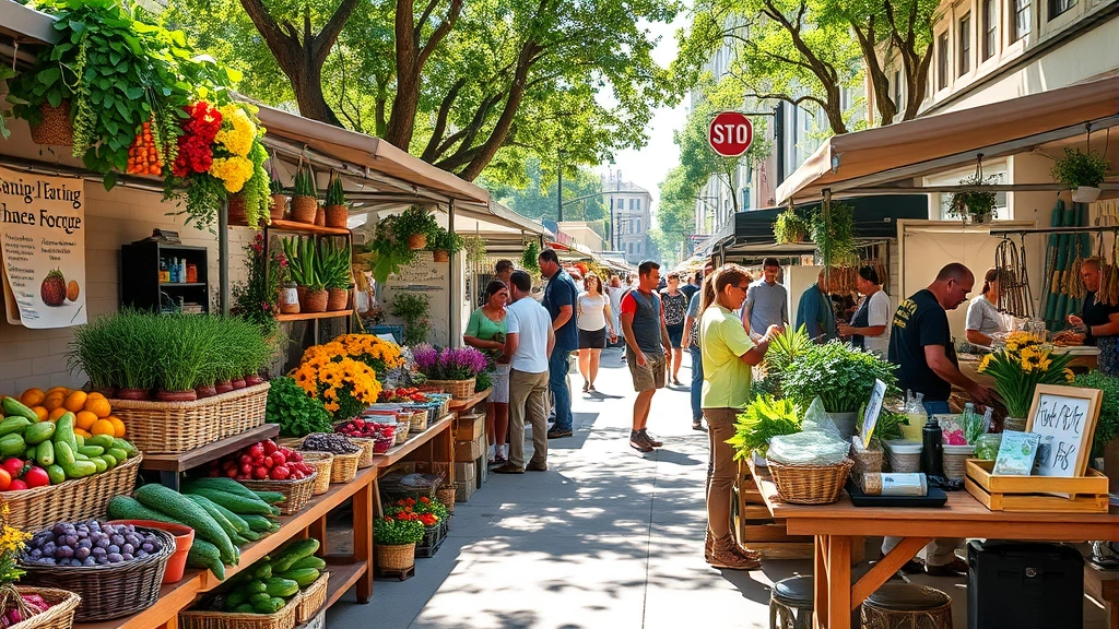 Vibrant outdoor farmers market scene with diverse vendor booths displaying fresh produce, flowers, and artisan goods on wooden tables, customers browsing and interacting with vendors, morning sunlight, urban neighborhood setting