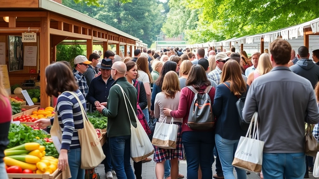 Busy farmers market crowd with shoppers holding reusable bags, examining produce, conducting transactions with vendors at wooden market stalls, community engagement and commerce activity visible