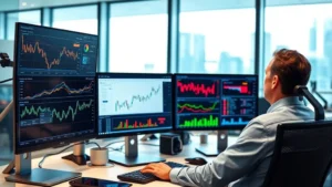 Professional businessman analyzing data on multiple computer monitors in modern office, displaying telecommunications market charts and analytics, contemporary business environment