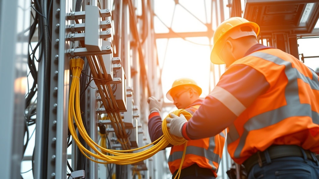 5G network infrastructure equipment and fiber optic cables being installed by technicians, modern telecommunications infrastructure deployment, technical installation work