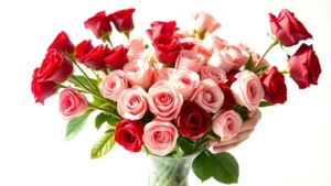Professional florist arranging premium red and blush roses in modern studio setting with white background, hands carefully positioning stems in crystal vase, natural sunlight highlighting flower details and texture