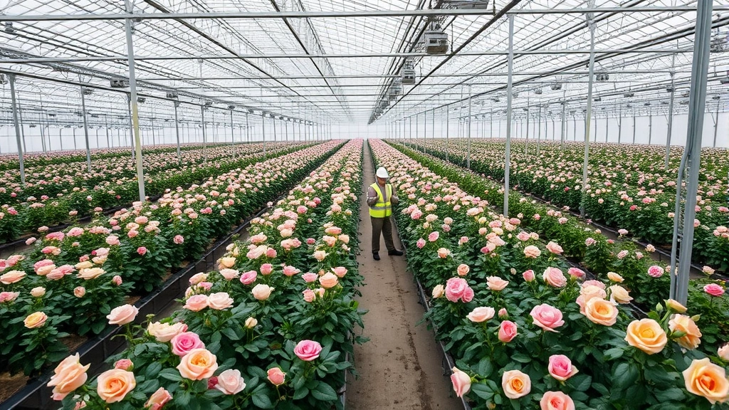 Aerial view of large-scale rose greenhouse facility with rows of blooming roses under controlled environment, workers in safety gear tending plants, climate control systems visible, lush green vegetation