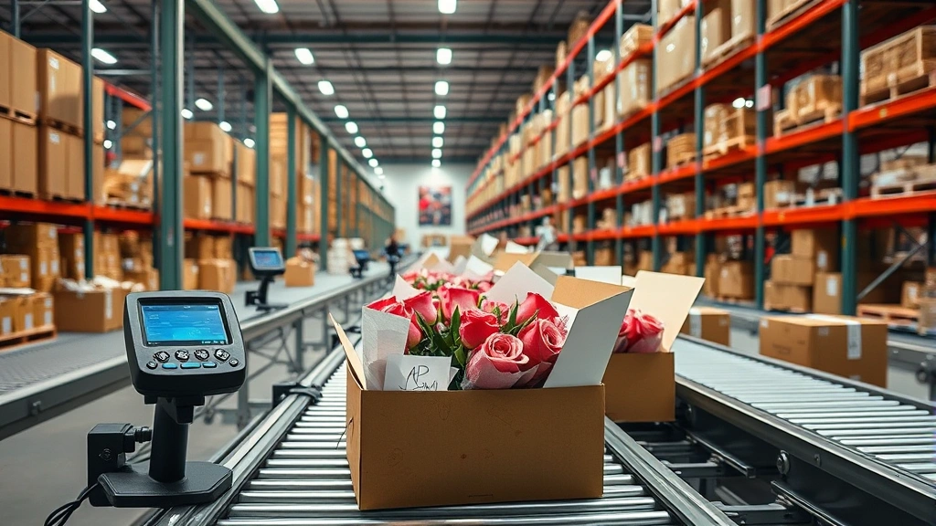 E-commerce packaging operation showing roses being carefully boxed with protective materials, barcode scanning, conveyor system, warehouse shelving, professional logistics environment with neutral lighting