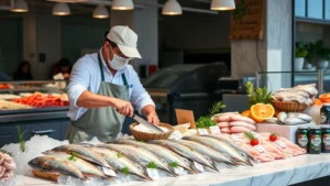Professional fishmonger expertly preparing fresh whole fish at a clean marble counter, displaying premium seafood products with ice and garnish, bright natural lighting, upscale market setting