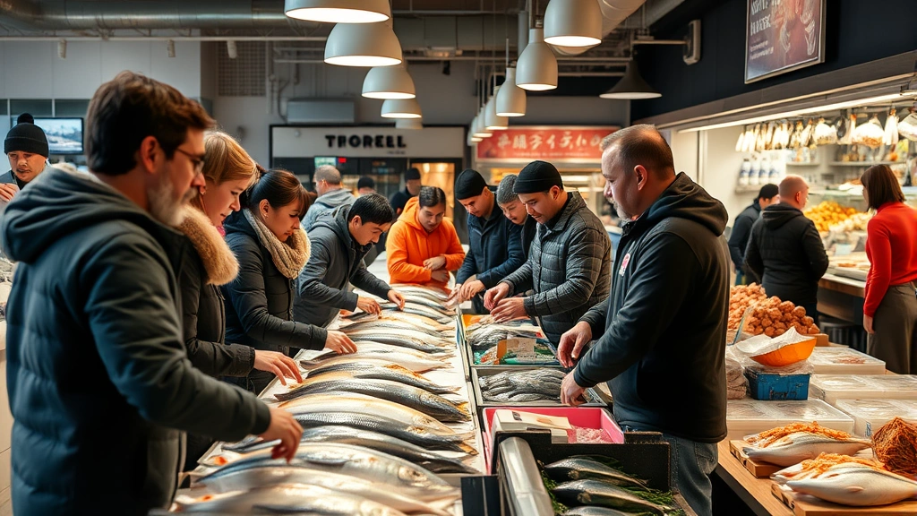 Diverse group of customers selecting fresh seafood at a local fish market counter, interacting with knowledgeable staff member, modern but traditional market environment, warm inviting atmosphere
