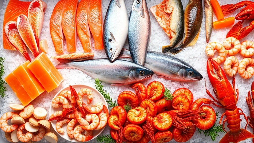 Overhead display of various fresh seafood products arranged on crushed ice including salmon fillets, whole fish, shrimp, scallops, and lobster, professional market presentation, high quality lighting