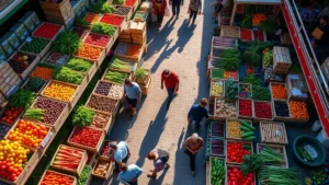 Overhead view of a bustling farmers market with colorful produce displays, wooden crates of vegetables and fruits, customers shopping with canvas bags, morning sunlight casting shadows across vendor stalls, vibrant community commerce scene