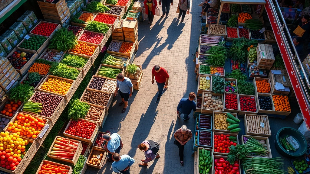 Overhead view of a bustling farmers market with colorful produce displays, wooden crates of vegetables and fruits, customers shopping with canvas bags, morning sunlight casting shadows across vendor stalls, vibrant community commerce scene