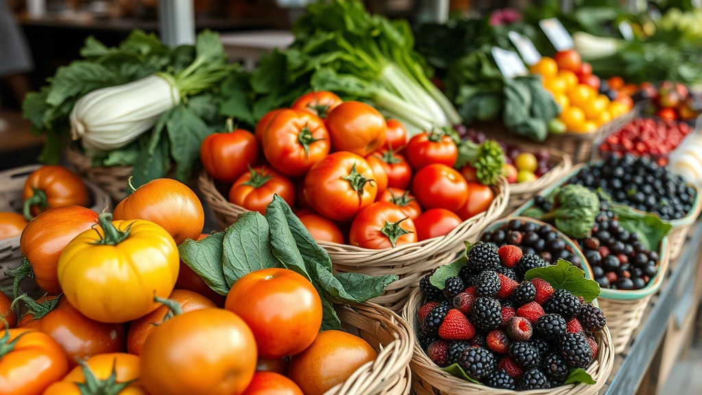 Close-up of fresh farm produce including heirloom tomatoes, leafy greens, and berries arranged in wooden baskets at a market stall, natural lighting highlighting product quality and freshness, professional farmers market vendor display