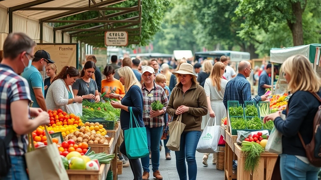Diverse group of customers browsing farmers market vendor stalls, examining fresh products, holding shopping bags, engaged in conversations with farmers, community gathering atmosphere with multiple vendor booths visible in background
