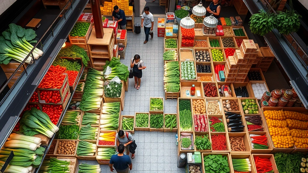 Overhead view of a busy Asian market with colorful fresh produce displays, wooden crates of vegetables, herbs, and traditional ingredients arranged in organized sections, natural lighting from above, customers browsing, vibrant colors of bok choy, chilies, and fresh herbs