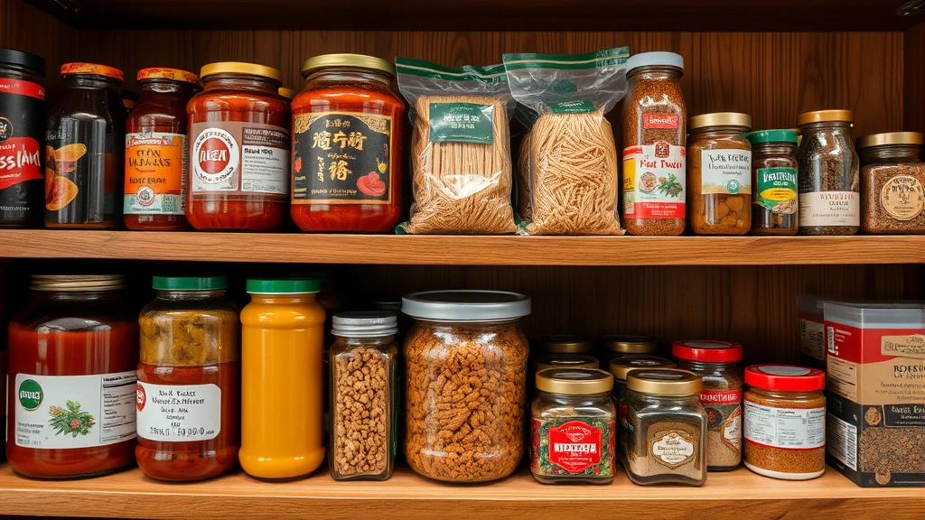 Close-up of specialty Asian pantry items including glass jars of sauces, dried noodles in packages, spice containers, and traditional ingredients neatly organized on wooden shelves with warm ambient lighting