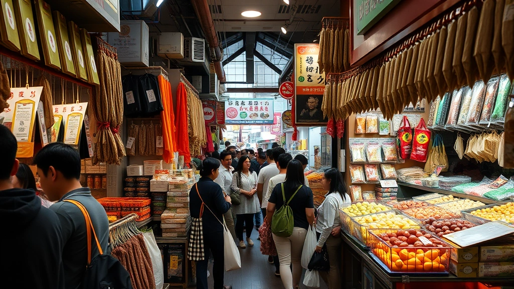 Interior of a crowded urban Asian market during daytime with narrow aisles, floor-to-ceiling merchandise, shoppers with reusable bags, hanging dried goods, produce bins, and casual retail environment reflecting authentic community market atmosphere