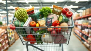 Professional overhead shot of a warehouse club shopping cart filled with bulk groceries including fresh produce, packaged goods, and proteins, bright fluorescent warehouse lighting, realistic product presentation