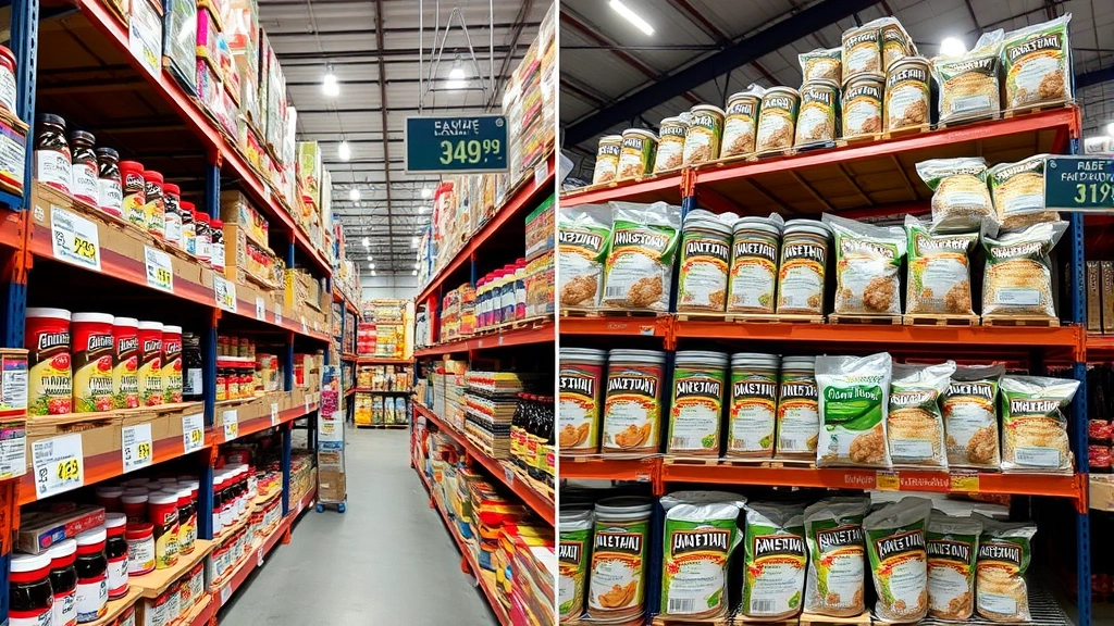 Split-screen comparison showing pricing labels and bulk quantities of pantry staples on warehouse shelves, professional retail environment, clear product visibility without text overlay