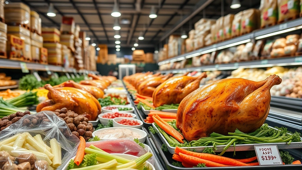Close-up of fresh prepared foods and rotisserie chickens in a warehouse deli section with professional lighting, showcasing quality and abundance of bulk food options