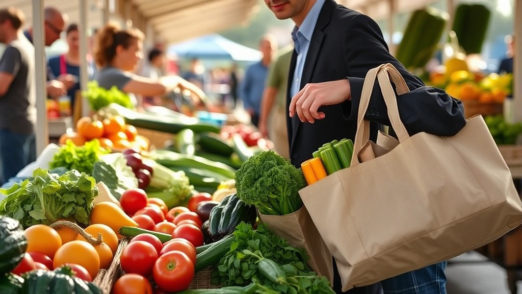 Professional shopper with organized reusable bags selecting fresh produce at a farmers market, natural lighting, morning atmosphere, person examining vegetables carefully