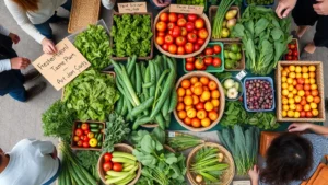 Overhead view of a farmers market vendor booth displaying colorful organic produce including heirloom tomatoes, fresh herbs, and seasonal vegetables arranged in woven baskets with rustic wooden signage, customers browsing in soft natural light, professional farm-to-table aesthetic