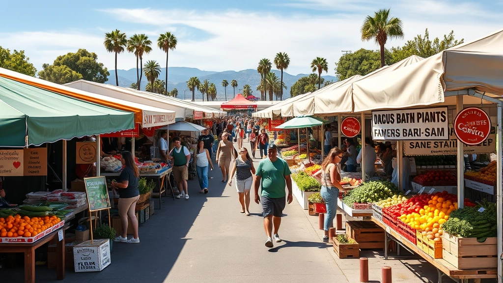 Wide shot of bustling Santa Barbara farmers market with multiple vendor booths, customers walking between stalls, colorful produce displays, farm stands with umbrellas, community gathering atmosphere on sunny day
