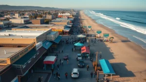 Aerial view of Santa Cruz beach boardwalk area during busy daytime with shops and crowds, showing coastal retail district with ocean in background, photorealistic, business perspective