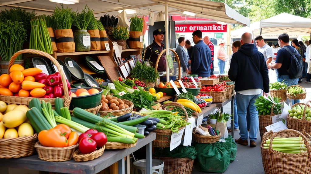 Farmer's market vendor stall displaying fresh organic produce and local artisan goods in baskets, customers browsing, natural lighting, community commerce scene, no price tags or signage