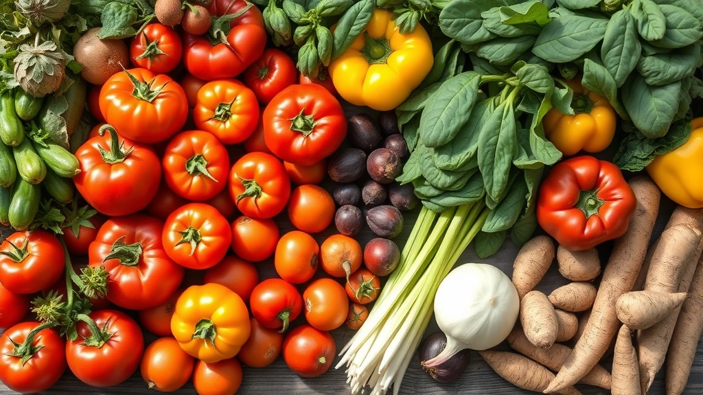 Overhead flat lay of fresh colorful farmers market produce including heirloom tomatoes, leafy greens, bell peppers, and root vegetables arranged artfully on rustic wooden table with natural sunlight, representing seasonal availability and product diversity